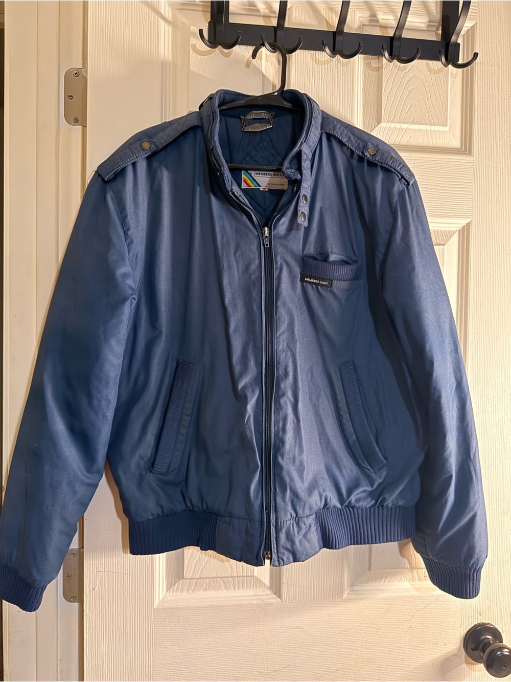 Vtg 80s Members Only Iconic Racer Jacket Mens Blue Bomber Rainbow Tag Epaulets